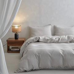 Duvet Cover with Pom Pom Trim Farmhouse Flax Bedding Set