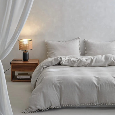 Duvet Cover with Pom Pom Trim Farmhouse Flax Bedding Set