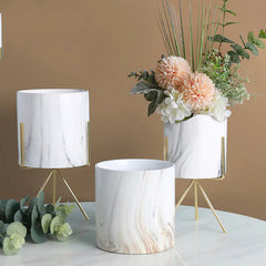 Marble Pattern Ceramic Flower Pot with Tray Set